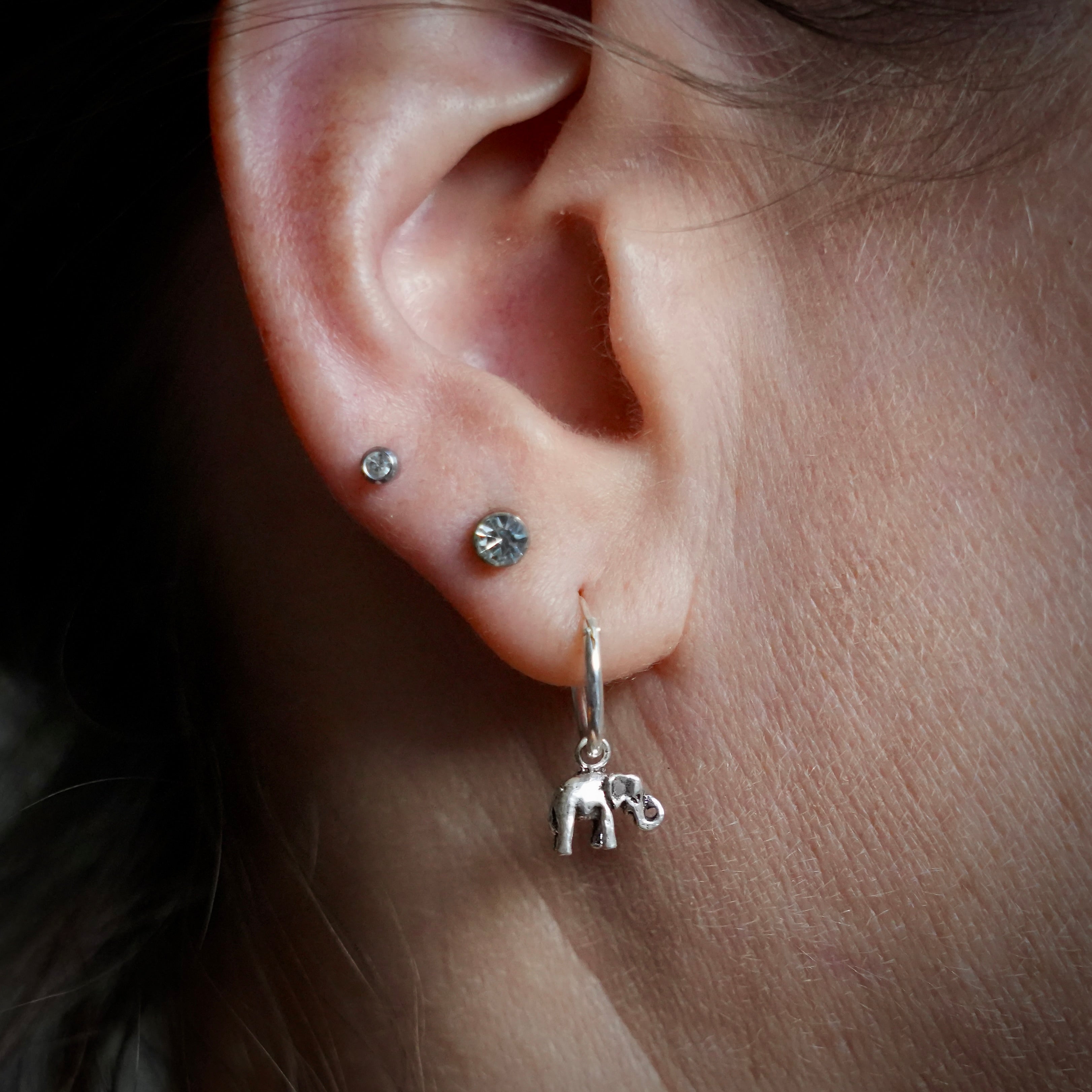 foto van oor met drie oorbellen waarvan een met een oorringbedel met olifantje