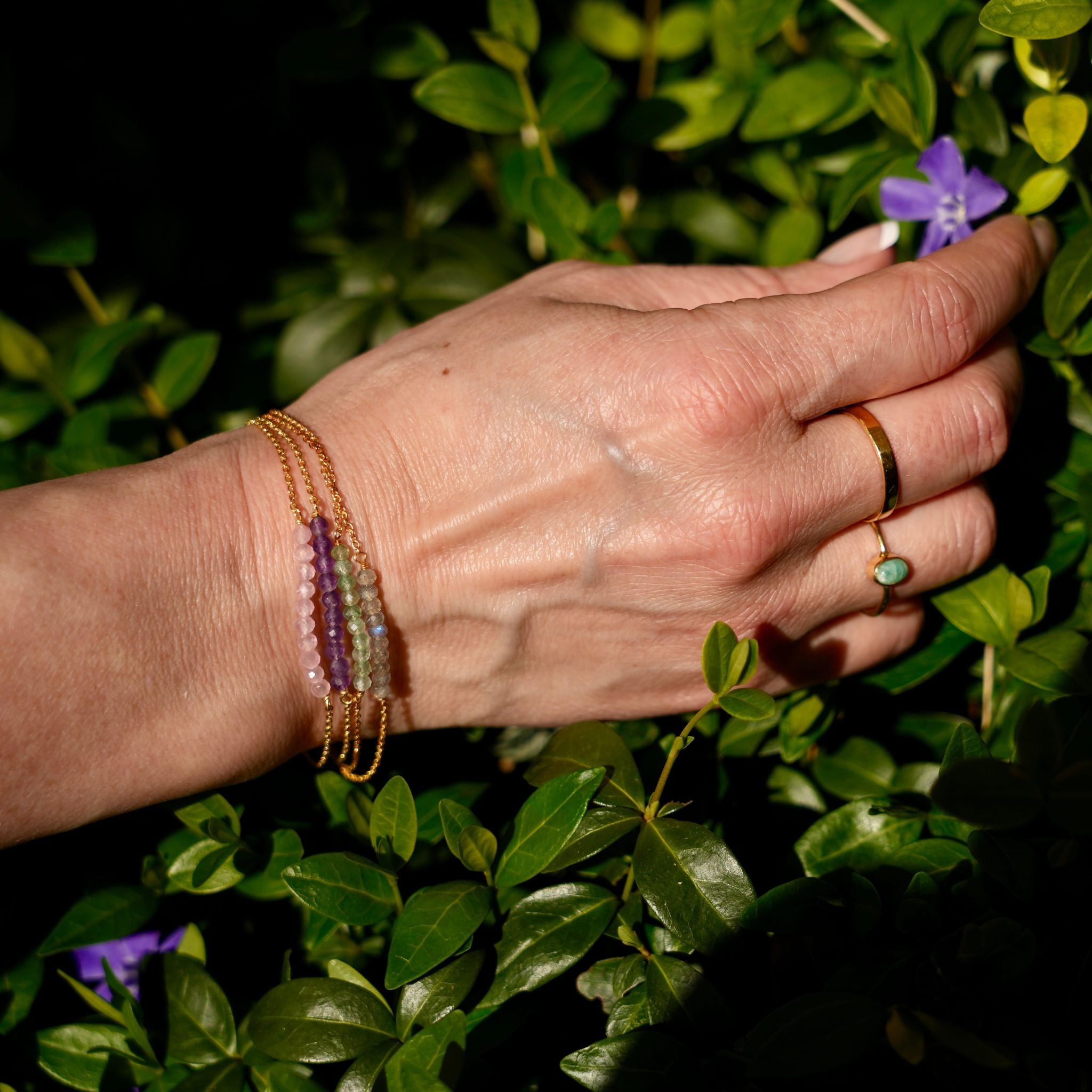 hand met goldplated armbanden en ringen met edelstenen op natuurlijke achtergrond met Campanula